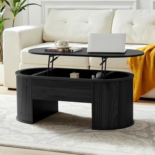 QHITTY Fluted Coffee Table with Lifting Top, Oval Wood Lift Top Coffee Table with Hidden Compartment, Mid Century Pull up Center Tables for Living Room, Office - Black - color: Round Table-black
