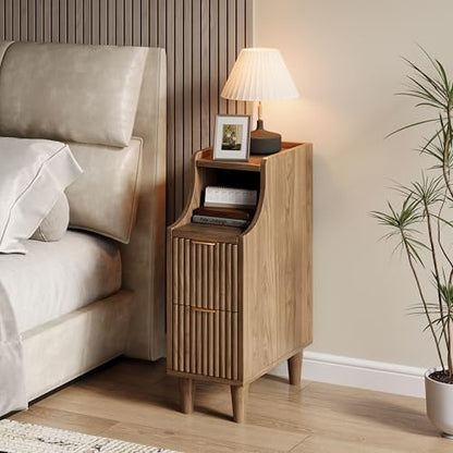 Fluted Nightstands Set of 2,Narrow Bedside Table with 2 Drawers & Storage, Farmhouse Walnut End Table Modern Side Table for Bedroom Livingroom Sofa Office - color: Walnut,7.9" With 2 Drawers