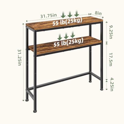 Simple Trending Console Table, 2-Tier Narrow Sofa Table, Rustic Brown | Entryway Table with Storage Shelf, Metal Frame, Adjustable Feet Pads, for Entryway, Living Room, 8 x 31.75 x 31.25Inches - size: 2-Tiers Sofa Table