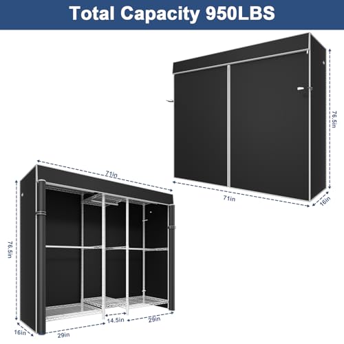 E12C Pro Heavy Duty Closet Organizer System，Freestanding Clothing Racks for Hanging Clothes，Adjustable Garment Rack 71"W x 16"D x 76.5"H Hold 960lbs，White Clothing Rack with Black Dustproof Cover - color: White Rack With Black Cover, size: E12C Pro