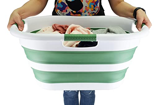 SAMMART 40L (10.5 gallon) Collapsible Plastic Laundry Basket - Foldable Pop Up Storage Container/Organizer - Portable Washing Tub - Space Saving Hamper/Basket (1, White/Dark Sea Green) - color: White/Dark Sea Green
