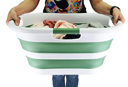 SAMMART 40L (10.5 gallon) Collapsible Plastic Laundry Basket - Foldable Pop Up Storage Container/Organizer - Portable Washing Tub - Space Saving Hamper/Basket (1, White/Dark Sea Green) - color: White/Dark Sea Green