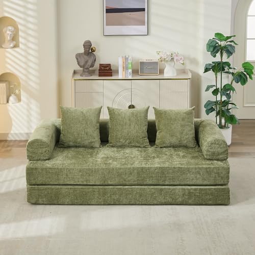 Convertible Folding Sofa Bed Modular Floor Couch, 78.8‘’ Cloud Sleeper Sofa with Removable Backrest, Chenille Foldable Mattress Couch, Lazy Loveseat for Small Space, Apartment, Bedroom, Green - color: #3-green