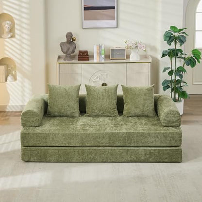 Convertible Folding Sofa Bed Modular Floor Couch, 78.8‘’ Cloud Sleeper Sofa with Removable Backrest, Chenille Foldable Mattress Couch, Lazy Loveseat for Small Space, Apartment, Bedroom, Green - color: #3-green