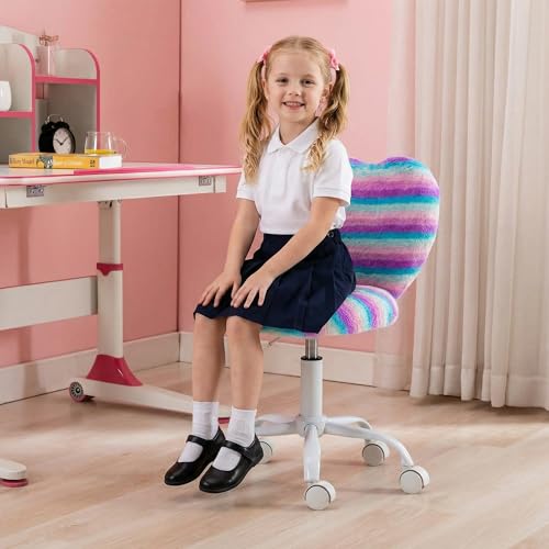 chairus Kids Desk Chair Faux Fur Small Study Chair for Teenage Girls, Adjustable Heart Shaped Kids Vanity Chair for Bedroom Reading Living Room, Cute Student Task Chair with White Foot, Rainbow - color: Rainbow