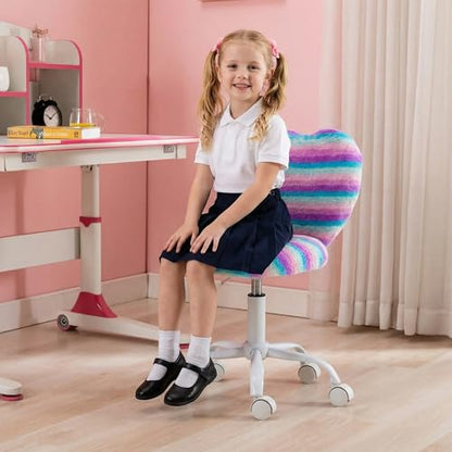 chairus Kids Desk Chair Faux Fur Small Study Chair for Teenage Girls, Adjustable Heart Shaped Kids Vanity Chair for Bedroom Reading Living Room, Cute Student Task Chair with White Foot, Rainbow - color: Rainbow