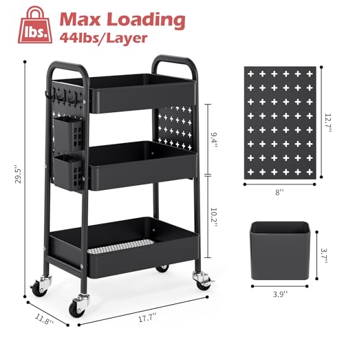 TOOLF Metal Rolling Storage Cart, 3-Tier Utility Mobile Cart with DIY Pegboards, Serving Trolley Cart with Baskets Hooks, for Kitchen, Bathroom, Office, Home, Classroom (Black) - color: Black