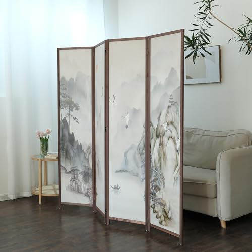 4 Panel Room Divider, 5.6 ft Tall Double-Sided Blackout Folding Privacy Screen – Freestanding Wall Partition with Mountains and Waters Landscape for Home Office, Easy Setup (67" H x 63" W) - color: Mountains and Waters, size: 4 Panel