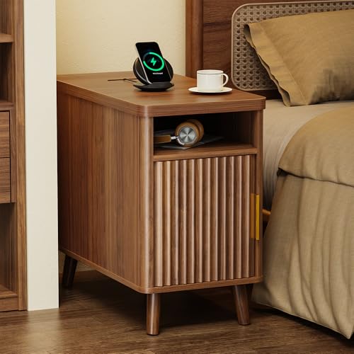 Huuger Narrow End Table with Charging Station, USB-C Port | Fluted Nightstand with Storage Cabinet, Back Rack, Farmhouse Side Table for Small Spaces, Night Stand, Walnut - color: Walnut