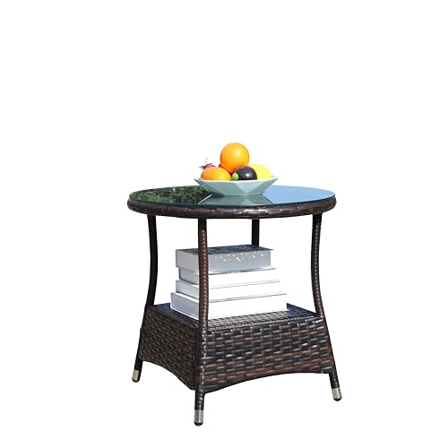 IRONORA Outdoor Wicker Coffee Table Dark Brown Patio Round Side Tables for Outside, Tempered Glass Top Wicker Table with Storage Shelf, End Table for Balcony Porch Deck - color: Dark Brown