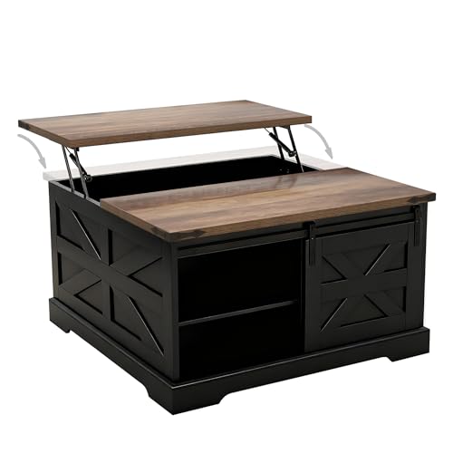 TaoHFE Black Lift Top Coffee Table with Storage,Rustic Black Farmhouse Coffee Table, Square Storage Compartment and Adjustable Shelves Coffee Tables for Living Room - color: Black