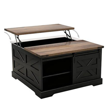 TaoHFE Black Lift Top Coffee Table with Storage,Rustic Black Farmhouse Coffee Table, Square Storage Compartment and Adjustable Shelves Coffee Tables for Living Room - color: Black