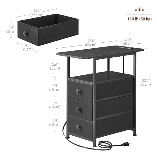 Narrow End Table with Charging Station, Narrow Side Table with 3 Fabric Drawers, Slim Nightstand with LED Light, Small Bedside Table with Storage, Living Room, Bedroom, Black HKET1303BK - color: Black, size: 11.8" W x 23.6" D, style: Power + Light