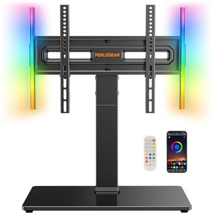 Perlegear Universal Swivel TV Stand with LED Lights for 30–70 inch TVs, Height Adjustable Table Top TV Stand with Tilt, Tempered Glass Base, Holds up to 88 lbs, Max VESA 400x400mm, PGTVS32B - size: 30-70 Inch