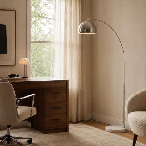 Teamson Home Arquer 68.1" Arc Floor Lamp for Living Rooms, Home Offices, Dining Rooms, Bedrooms with Faux White Marble Base and Nickel Bell Shade - color: Nickle Shade / White Marble Base