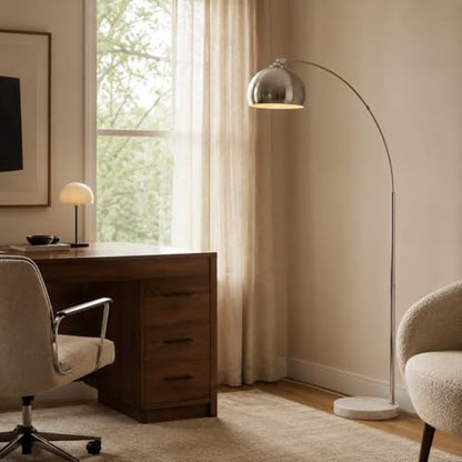 Teamson Home Arquer 68.1" Arc Floor Lamp for Living Rooms, Home Offices, Dining Rooms, Bedrooms with Faux White Marble Base and Nickel Bell Shade - color: Nickle Shade / White Marble Base