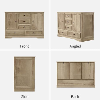 GarveeHome 47" Farmhouse Sideboard Buffet Cabinet, Sideboard Storage credenza with 5 Drawers and 2 Doors, Wood Coffee Bar Cabinet, Buffet Table for Dining Room Living Room, Oak - color: Oak