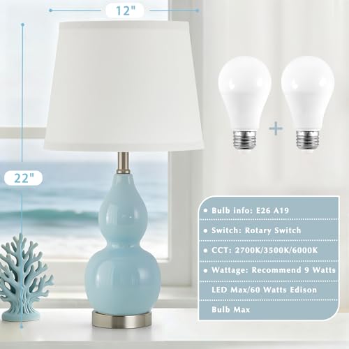 22" Table Lamp Set of 2, Color Temperature Adjustable Double Gourd Ceramic Lamps Classic Nightstand Table Lamps for Bedroom Beside Lamps for Living Room, Sky Blue-Bulbs Included - color: 22.63" Blue Gourd