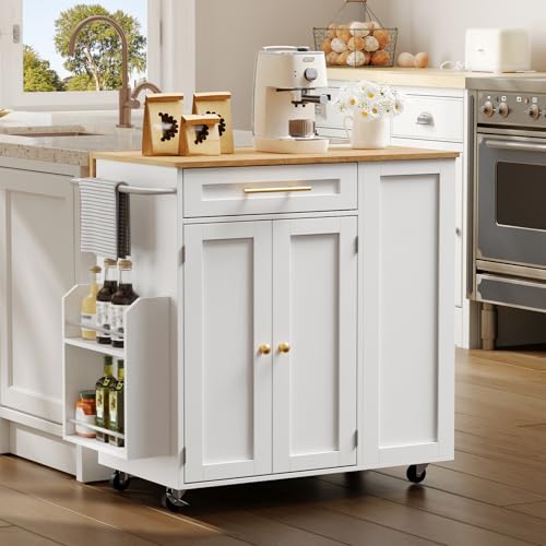 Kitchen Island with Storage, Rolling Kitchen Table with Drop Leaf, Charging Station, 3 Open Adjustable Shelf & Drawer, Towel Rack, Mobile Kitchen Cart for Dining Room, White and Natural - color: White + Natural