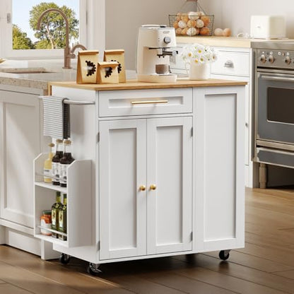 Kitchen Island with Storage, Rolling Kitchen Table with Drop Leaf, Charging Station, 3 Open Adjustable Shelf & Drawer, Towel Rack, Mobile Kitchen Cart for Dining Room, White and Natural - color: White + Natural