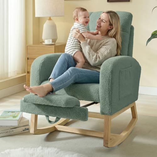 NIOIIKIT Modern Nursery Rocking Chair, Teddy Upholstered Rocking Chair with Footrest, Comfortable Rocker Chair with Side Pocket, Rocker Chair for Living Room, Bedroom, Nursing Room (Green) - color: Green