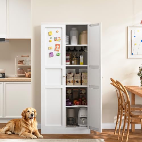 Metal Storage Cabinet - 71" White Kitchen Pantry with 2 Doors and 5 Adjustable Shelves, 5-Tier Tall Steel Locker for Living Room, Dining Room - color: White, size: 71"- 5 Adjustable Shelves