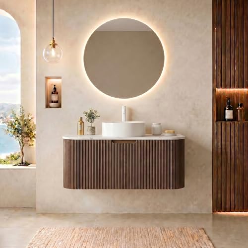 36” Floating Bathroom Vanity with Sink, Fluted Wall-Mounted Solid Wood Cabinet, White Ceramic Round Basin, Faux Marble Top, Soft-Close Drawer, Pre-Assembled, Walnut Woodgrain - color: 04 - Walnut Woodgrain, size: 36"