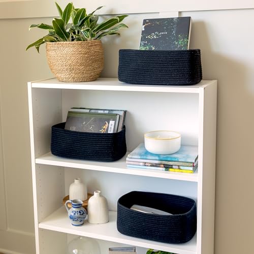 NaturalCozy 13.5”x8.5”x5.5” Rectangle Storage Baskets for Shelves 3 Pack | Cotton Rope Woven Small Baskets for Organizing | Small Storage Bins for Nursery, Bathroom, Closet, Shelf, Decorative - color: Black, size: 13.5" x 8.5" x 5.5"