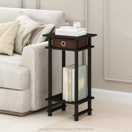 Furinno Turn-N-Tube Side Table, 3-Tier End Table with Storage Bin, Open Shelf Night Stand, Bedside Table, Toolless Assembly, for Living Room, Bedroom, Black Espresso - color: Black Espresso/Brown, size: 1-Pack
