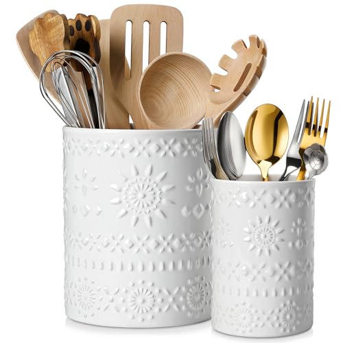 LOVECASA 7.2"+5.4" Ceramic Utensil Holder Set of 2, Farmhouse Crock | Easy to Clean, Heavy-Duty, Anti-Slip Base, For Spatulas, Ladles, Whisks, and Flatware, Also as Vase or Planter - color: Snow, size: 7.2"+5.4" (Set of 2)