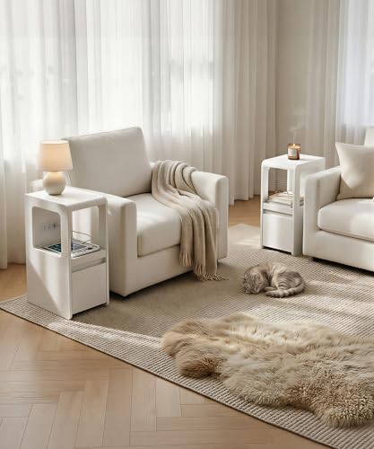 White Narrow Side Table, Slim End Table with Charging Station | Skinny nightstand with Drawers for couch, Wood, Modern, Sofa Bedside Table Tray for Living Room Bedroom Small Spaces, 8.9"W