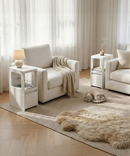 White Narrow Side Table, Slim End Table with Charging Station | Skinny nightstand with Drawers for couch, Wood, Modern, Sofa Bedside Table Tray for Living Room Bedroom Small Spaces, 8.9"W