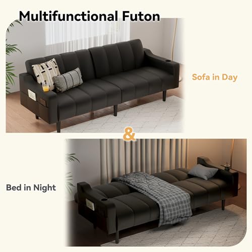 80'' Futon Sofa Bed,Faux Leather Futon Sleeper Sofa, Convertible Loveseat with Adjustable Sofa Backrest,Modern Couches for Living Room, Bedroom, Apartment, Office (Black) - color: Faux Leather Black