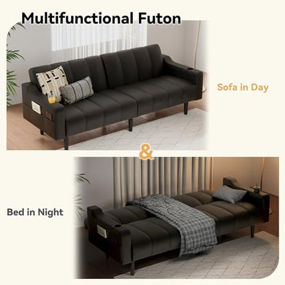80'' Futon Sofa Bed,Faux Leather Futon Sleeper Sofa, Convertible Loveseat with Adjustable Sofa Backrest,Modern Couches for Living Room, Bedroom, Apartment, Office (Black) - color: Faux Leather Black