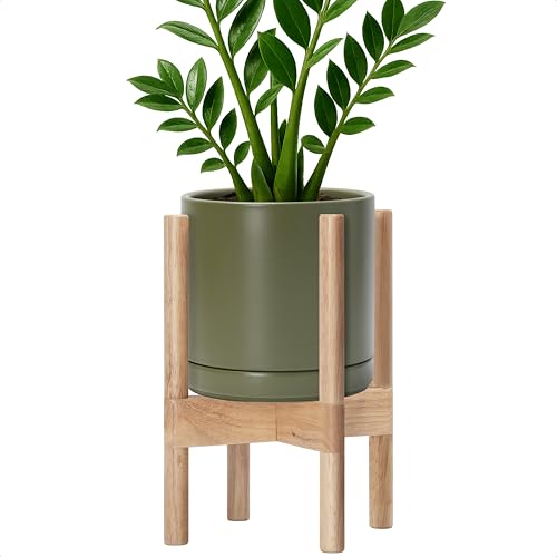 D'vine Dev Ceramic Pot with Natural Wood Stand, Olive, 8 in, 55-B-N-J | Mid-Century Modern Design, Raised Plant Display, Solid Beech Wood Stand, Premium Craftsmanship, Sophisticated Home Decor - color: Olive Pot + Natural Stand, size: 8 Inch