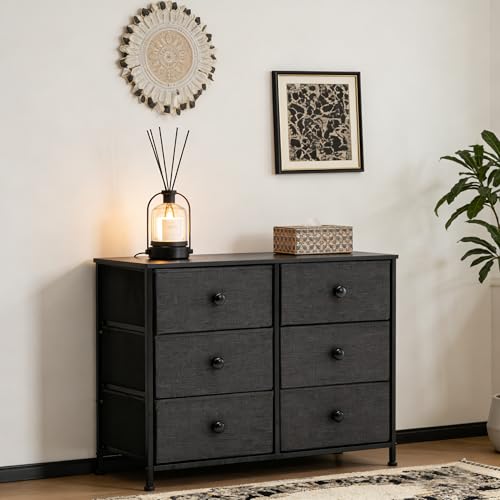 DUHOME 6 Drawer Black Fabric Dresser, Storage Organizer with Wood Top & Steel Frame, Modern Style Storage Cabinets Organization Units for Bedroom, Closet, Hallway, Entryway, Nursery & Living Room