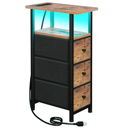 Narrow End Table with Charging Station, Small Nightstand | Skinny Side Tables Living Room with 3 Fabric Drawers, Bedside Table with LED Lights for Bedroom, Small Spaces, Rustic Brown - color: Rustic Brown + Black, size: 27.55''H (3 Drawers), style: Power