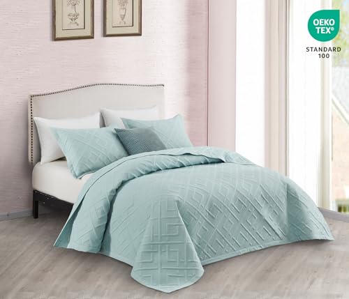 CHIXIN Quilt Queen Size - Geometric Pattern Bedspread Coverlet Set - Modern & Contemporary Style Bedding Cover, Ultrasonic Quilting, Reversible, Lightweight, 4 Piece, Seaglass - color: 1- Seaglass, size: Full/Queen(90"x92")