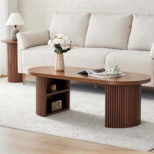 Oval Fluted Coffee Table, 47" Farmhouse Wood Coffee Table Mid Century Modern Center Table Boho Living Room Tables for Living Room Office,Walnut - color: Walnut, size: 19.69"D x47.2"W x 15.74"H