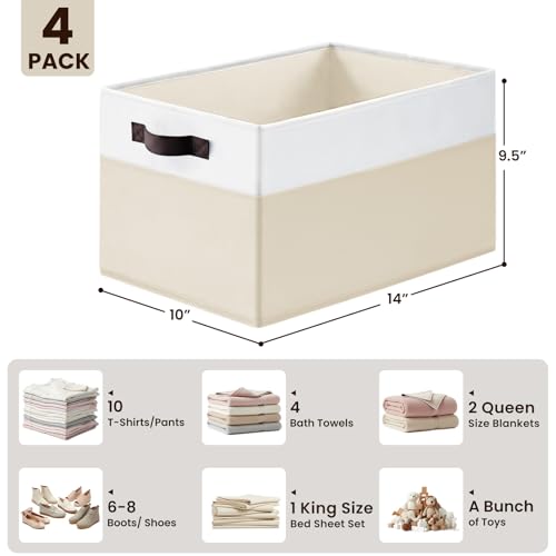 4 Pack Baby Clothes Organizer Bins, Fabric Collapsible Storage Baskets with Handles, Odorless Storage Bins for Toy Clothes Nursery Kids Room Playroom Classroom (14L*10W*9.5H) - color: White with Beige, size: 4pcs - Rectangular 14"x10"x9.5"