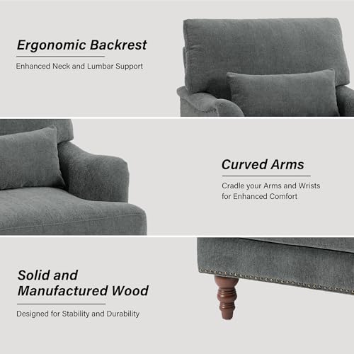 Mid-Century Modern Accent Chair with Lumbar Pillow, Grey, 1 Pack | Upholstered Chenille Armchair, Solid Wood Frame & Legs, Comfy Reading Lounge Sofa for Living Room Bedroom, & Small Spaces - color: Chenille Grey, size: 1 Seat