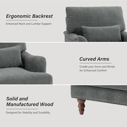 Mid-Century Modern Accent Chair with Lumbar Pillow, Grey, 2 Pack | Upholstered Chenille Armchair, Solid Wood Frame & Legs, Comfy Reading Lounge Sofa for Living Room Bedroom, & Small Spaces - color: Chenille Grey, size: 2 Seat