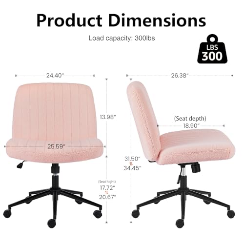 DUMOS Criss Cross Chair with Wheels, Wide Cross Legged Office Desk Vanity Chairs, Armless Height Adjustable Swivel Chairs for Home Computer Task, Teddy Fleece, Pink Wheel - color: Pink Wheel