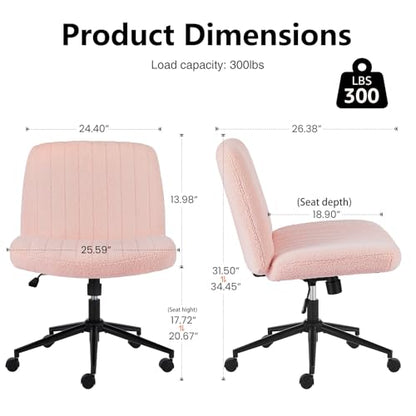DUMOS Criss Cross Chair with Wheels, Wide Cross Legged Office Desk Vanity Chairs, Armless Height Adjustable Swivel Chairs for Home Computer Task, Teddy Fleece, Pink Wheel - color: Pink Wheel