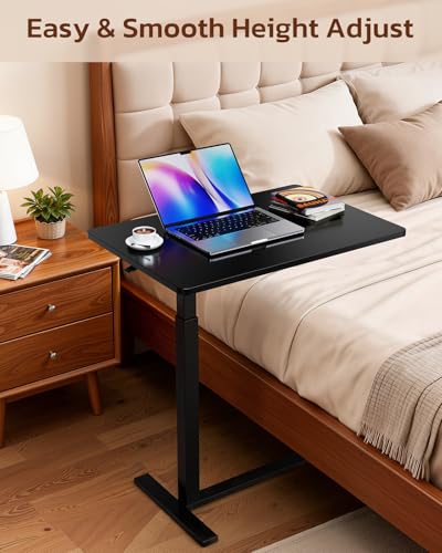 Overbed Bedside Table with Hidden Casters, Adjustable Pneumatic Mobile Laptop Computer Standing Desk, Rolling Laptop Table, Movable Overbed Table Hospital Home Use, Black - color: Black, style: Non-Tiltable