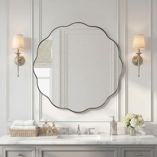 Brushed Nickel Round Bathroom Mirror, 36 Inch Round Circle Mirror in Stainless Steel Metal Frame, Large Silver Vanity Frame with Unique Wavy Design - color: Brushed Nickel, size: 36"L x 36"W