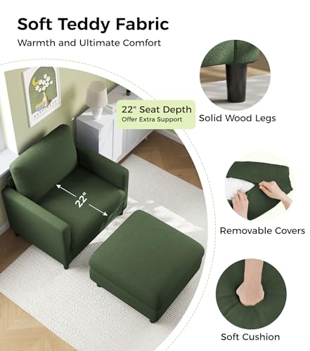 Welzona Sofa Accent Chair with Ottoman, 33" Teddy Reading Chair and Ottoman | Comfy Teddy Fabric, Tool-free Setup, Washable Covers, All-wood Chair and Ottoman Sets for Living Room, Bedroom, Green - color: Green, size: standard & ottoman