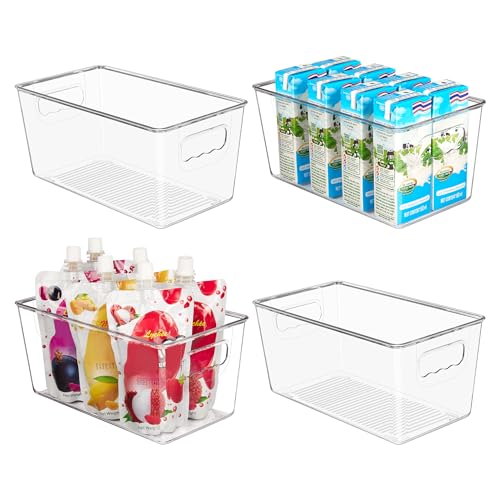 YIHONG 4 Pack Clear Storage Bins, Pantry Organizer Bins with Handle, Small | Plastic Bins, Pantry Storage Containers for Kitchen, Freezer, Cabinet, Closet, Bathroom, Under Sink Organizers and Storage - size: S(9.3"L x 5.2"W x 4.3"H)