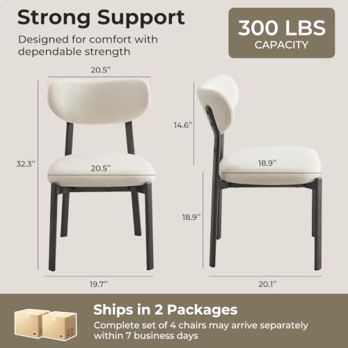 Dining Chairs Set of 4, Modern Upholstered Fabric Kitchen Chairs | Textured Fabric, Curved Back, Upholstered Seat, Metal Frame, Dining Room, Kitchen, Breakfast Nook, Restaurant, Beige - color: Beige, size: Set of 4
