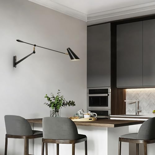 Adjustable Directional Plug in wall Light Swing arm, Unique Long Pole wall Lamps for Living Room Sofa Background Wall, Movable Retro Style Dining Table Large wall Mount lamp, E26 Base - color: Black Gold